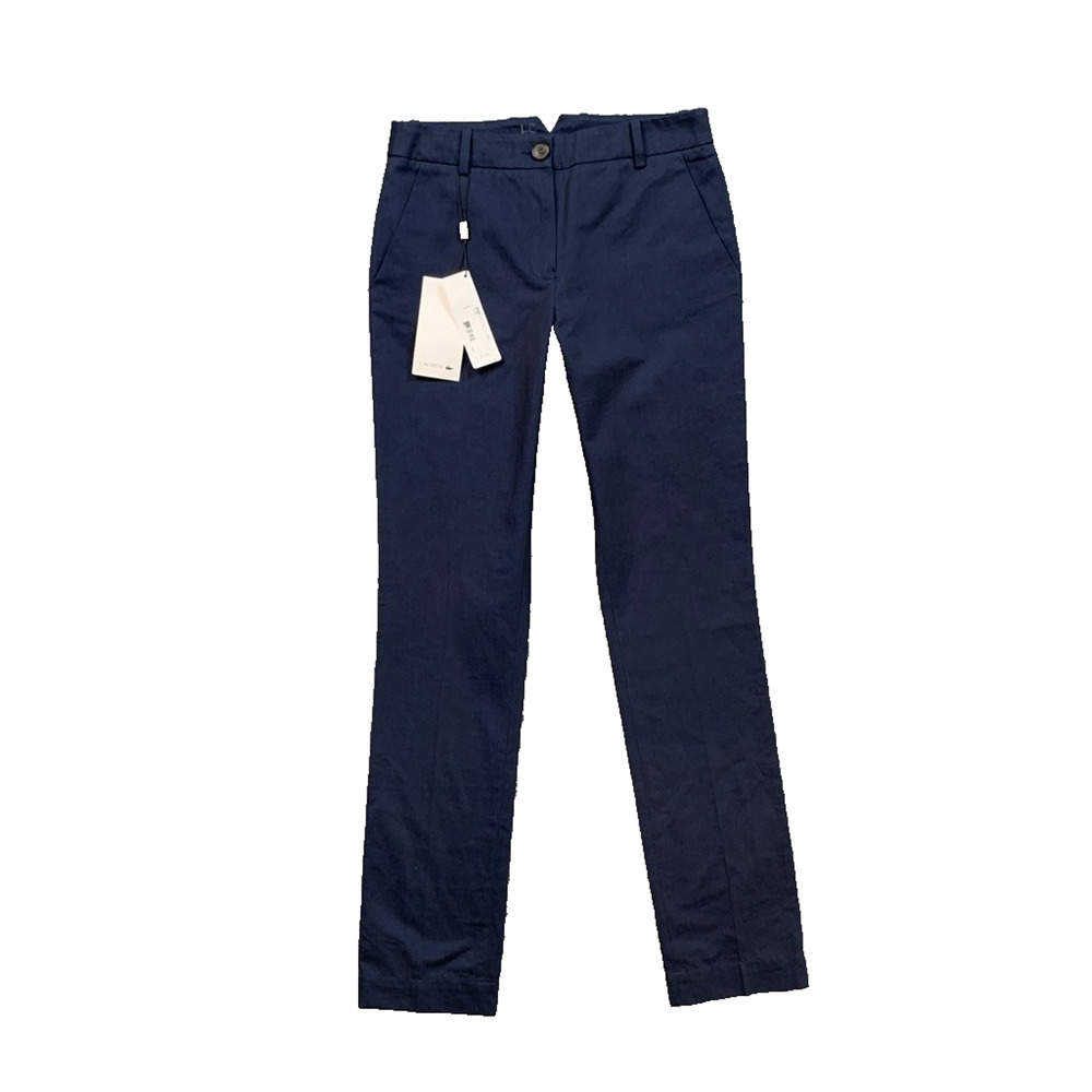 Lacoste Pants Women 2 Navy Cotton Flat Front Slim Straight Chino ZipFly Trousers